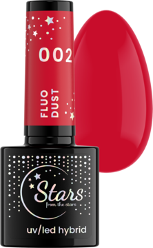 Czerwony lakier hybrydowy Stars Fluo Dust 002 z gwiezdnym motywem, z przodu, obok intensywna próbka koloru.