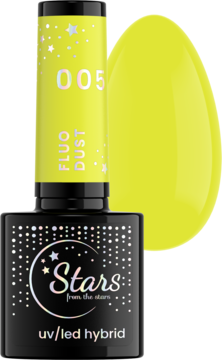 Neonowy lakier hybrydowy Stars UV/LED Fluo Dust 005, jasnożółta butelka z gwiazdkami, obok kropla lakieru.