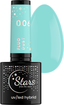 Turkusowy lakier hybrydowy UV/LED Stars 006 z napisem Fluo Dust, butelka z czarną nakrętką, błyszcząca próbka koloru.