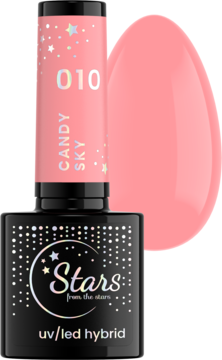 Jasnoróżowy lakier hybrydowy Stars Candy Sky 010 w czarnej butelce, z widocznym przezroczystym swatche.