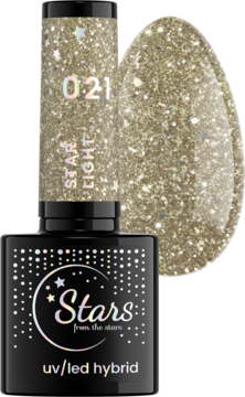 Brokatowy lakier hybrydowy UV/LED Stars 0.21 Starlight w czarnej butelce i błyszcząca próbka na boku.