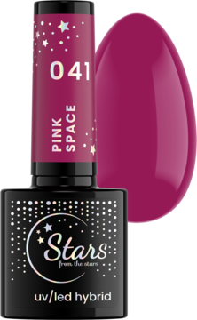 Lakier hybrydowy Stars UV/LED w czarnej butelce, odcień 041 PINK SPACE, z intensywną fuksją i jasnym swatch’em.