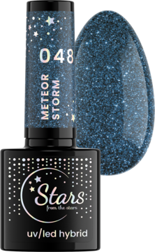 Lakier hybrydowy UV/LED Stars Meteor Storm 048, intensywny turkus z błyszczącym brokatem, butelka z kroplą.