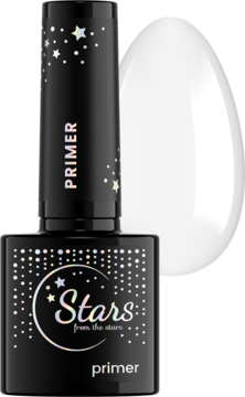 Czarny primer do paznokci Stars from the Stars w butelce z gwiezdnymi zdobieniami, z boku biały owal.