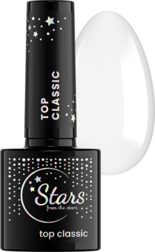 Stars From The Stars Top Classic, top hybrydowy do paznokci UV/LED, czarna butelka z gwiazdkami, obok mleczna kropla.