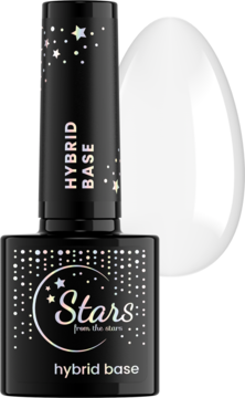 Stars from the Stars HYBRID BASE, czarny lakier hybrydowy z hologramowymi gwiazdkami, obok biała kropla bazy.