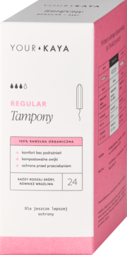 Białe pudełko Your Kaya: regularne tampony ze 100% organicznej bawełny, 24 sztuki. Widok z przodu pod kątem.