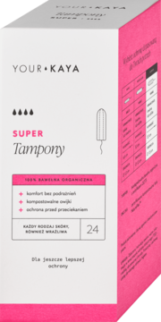 Tampony YOUR KAYA Super 24 szt. z 100% bawełny org. dla wrażliwej skóry, biało-różowe pudełko pod kątem.