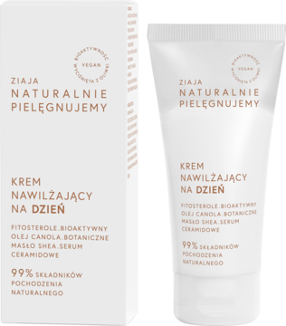 Biały krem nawilżający Ziaja Naturalnie Pielęgnujemy na dzień z fitosterolami, tuba i pudełko stojące obok siebie.