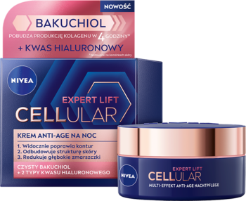 Nivea Cellular Expert Lift Krem Anti-Age na noc z bakuchiolem, granatowy słoik i pudełko na różowym tle, widok pod kątem.