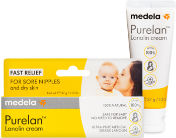 Dwie białe tubki Medela Purelan Lanolin cream 37g, 100% naturalny, na bolesne brodawki i suchą skórę.
