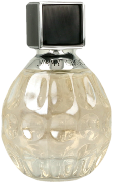 Jimmy Choo Woman woda perfumowana w przezroczystej, fasetowanej butelce ze srebrną zakrętką, widok z przodu.