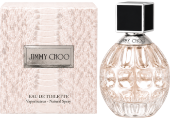 Jimmy Choo Woman Eau de Toilette: beżowy flakon z fakturą i pudełko ze wzorem skóry węża, widok obok siebie.