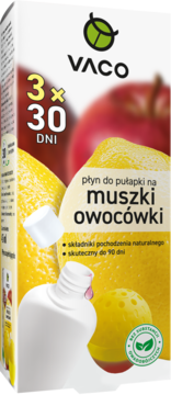 VACO płyn do pułapki na muszki owocówki, 3x30 dni, naturalne składniki, na tle cytryn i jabłek.