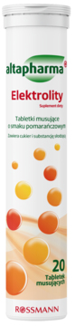 Biała tuba altapharma Elektrolity, 20 tabletek musujących o smaku pomarańczowym. Z pomarańczowymi kropkami, widok z przodu.