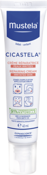 Mustela Cicastela krem reparacyjny w białej tubce 40ml, widok z przodu, z niebieską etykietą i zielonym napisem 91% naturalny.