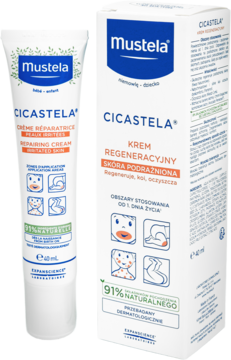 Mustela Cicastela krem regeneracyjny w białej tubce i pudełku, dla podrażnionej skóry, widok z przodu.