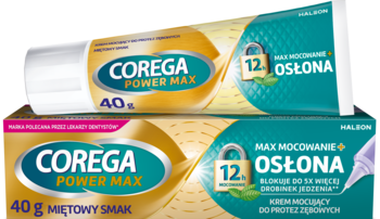 Corega Power Max Osłona, 40g miętowy krem mocujący do protez. Dwie biało-złote tubki, ułożone z przodu.
