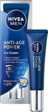 Niebieski przeciwzmarszczkowy krem pod oczy NIVEA MEN Anti-Age Power Hyaluron+Q10 w tubce i pudełku.