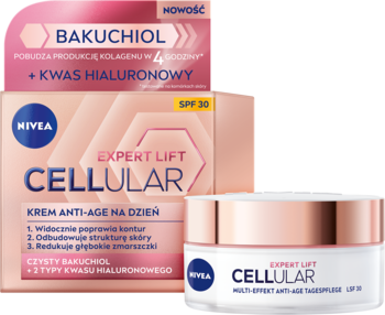 NIVEA Cellular Expert Lift Krem Anti-Age SPF 30 z bakuchiolem, przód różowo-białego opakowania i słoik.