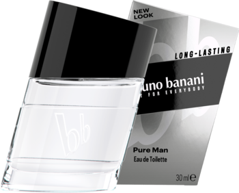 Bruno Banani Pure Man woda toaletowa 30ml, przezroczysta butelka z czarną nakrętką, obok szare pudełko.