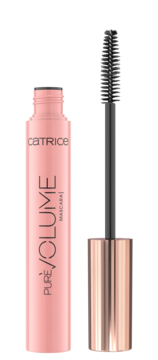 Różowy tusz Catrice Pure Volume Mascara z wysuniętą czarną szczoteczką, widok z przodu.