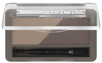 Otwarty zestaw Catrice Brow Powder Set Waterproof: dwie brązowe cienie i narzędzie 2w1 w szarym etui.