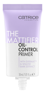 Liliowa tuba Catrice The Mattifier Oil-Control Primer, widok z przodu. Matujący podkład do twarzy 30ml.
