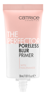 Różowo-biała tubka Catrice The Perfector Poreless Blur Primer z niacynamidem, widok z przodu.