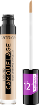 Catrice Liquid Camouflage beżowy korektor w płynie, butelka z aplikatorem i etykietą “Lasts 12h Waterproof”.