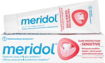 Pasta do zębów meridol Gum Protection Sensitive, biała tubka leżąca na pudełku, widok z przodu.