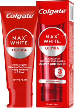 Czerwona tubka i opakowanie Colgate Max White Ultra Active Foam, wybielającej pasty do zębów w 3 dni.