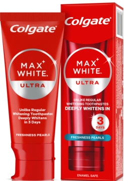 Czerwona tubka Colgate Max White Ultra Freshness Pearls z kartonikiem, widok z przodu, głęboko wybielająca.