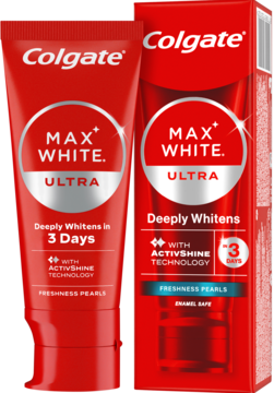 Colgate Max White Ultra pasta do zębów w czerwonej tubce obok pudełka, wybielająca w 3 dni, z perełkami świeżości.