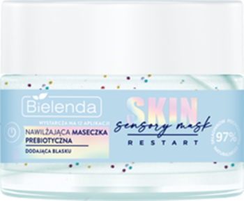 Niebiesko-biały słoik Bielenda Skin Restart Sensory Mask, żelowa maseczka z wielobarwnymi drobinkami, widok z przodu.