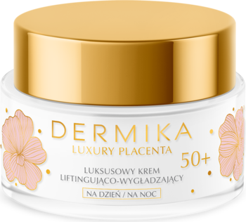 Krem Dermika Luxury Placenta 50+ liftingująco-wygładzający, biały słoik ze złotą nakrętką, widok z przodu.