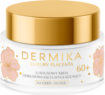 Krem Dermika Luxury Placenta 60+ w białym słoiku ze złotą nakrętką, luksusowy, odbudowujący na dzień/noc.