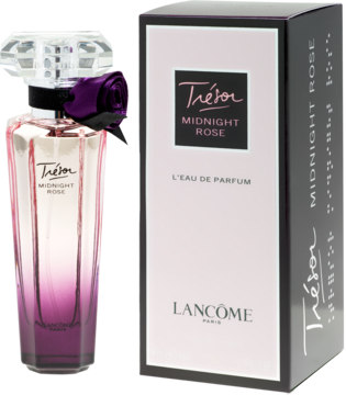 Lancôme Trésor Midnight Rose, butelka z fioletowym gradientem, fasetowany korek i różą, obok różowe pudełko.