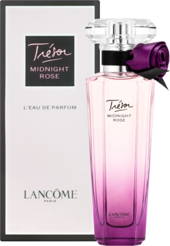 Lancôme Trésor Midnight Rose EDP, fasetowana różowo-fioletowa butelka z różą, obok białe opakowanie.