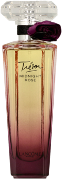 Butelka perfum Lancôme Trésor Midnight Rose. Szklana, z gradientem od fioletu do złota, przezroczystym korkiem i fioletową różą z materiału, widok z przodu.