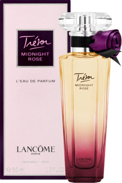 Flakon perfum Lancôme Trésor Midnight Rose 50ml, butelka ombre złoto-fiolet z różą, obok różowe pudełko, widok z przodu.
