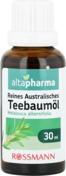 altapharma Czysty Australijski Olejek z Drzewa Herbacianego 30ml, brązowa butelka z biało-zieloną etykietą, widok z przodu.