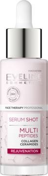 Eveline Cosmetics Serum Shot z multipeptydami i ceramidami w bladoróżowej butelce z kroplomierzem, widok z przodu.