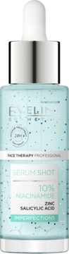 Eveline Serum Shot 10% Niacinamide z cynkiem i kwasem salicylowym, błękitna butelka z kroplomierzem.
