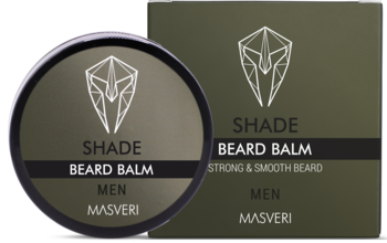 Zestaw SHADE BEARD BALM: okrągła puszka i prostokątne pudełko, ciemnooliwkowe z białym logo, widok z przodu.