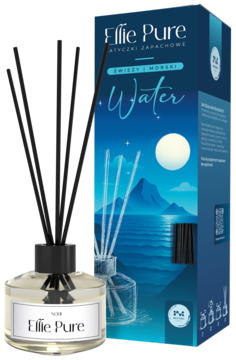 Pachnące patyczki Ellie Pure Water, odświeżacz domu, butelka z czarnymi patyczkami obok opakowania "Świeżość Morska".