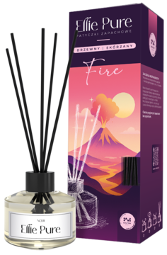 Pachnące patyczki Ellie Pure Fire, dyfuzor w szklanej butelce, czarne patyczki przed opakowaniem z wulkanem.