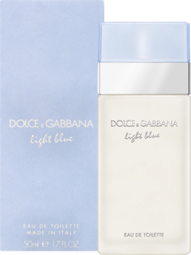 Dolce & Gabbana Light Blue EDT 50ml w jasnoniebieskim pudełku i przezroczystej butelce, widok frontalny.