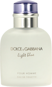 Dolce & Gabbana Light Blue Pour Homme w matowej butelce z jasnoniebieską nakrętką, widok z przodu.
