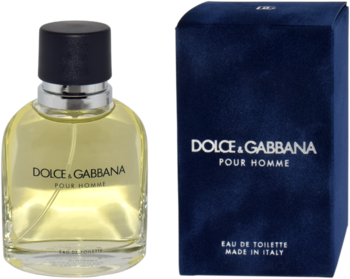 Flakon Dolce & Gabbana Pour Homme obok granatowego pudełka, męska woda toaletowa, widok z przodu.